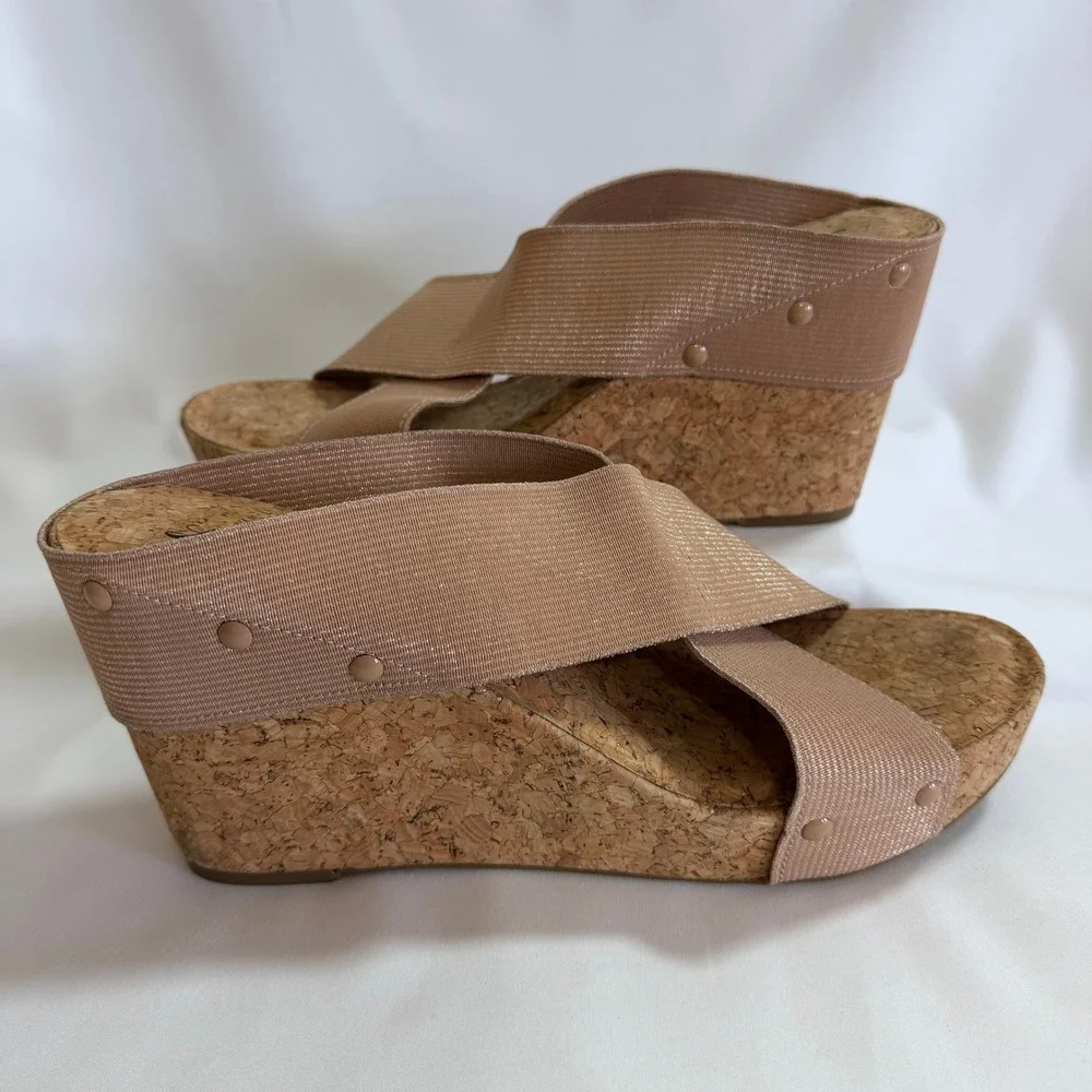 Lucky Brand Miller Shimmer Rose Gold Elastic Criss Cross Cork Wedge Sandals 11